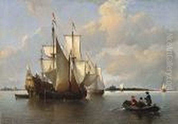 Sailing Vessels In A Calm Haarlem In The Distance Oil Painting by Antonie Waldorp
