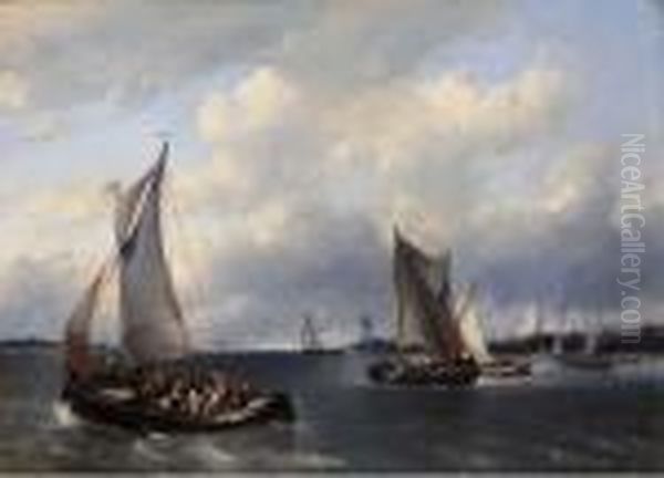 Sailing Vessels On Choppy Water, A Town In The Distance Oil Painting by Antonie Waldorp