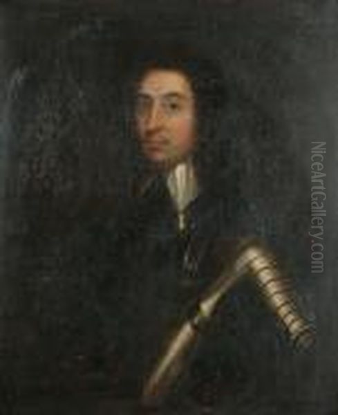 Portrait Of A Gentleman, Said To
 Be Sir Gilbert Ireland, Half-length, Wearing Armour, In A Painted Oval. Oil Painting by Robert Walker