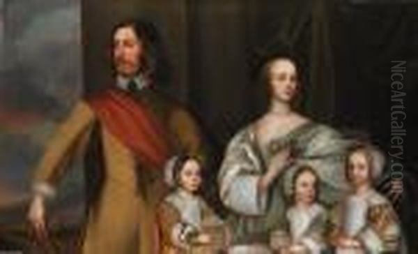 Group Portrait Of Alexander 
Popham Of Littlecote, Wiltshire, Withhis Wife, Letitia Carre, And Three 
Daughters, Essex, Letitia Andanne, By A Window With A Landscape Beyond Oil Painting by Robert Walker