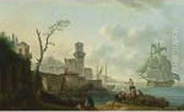 A Mediterranean Bay With Two 
Sailing Vessels, And Fishermen With Their Nets And Boat And Other 
Figures In The Foreground, A View Of A Harbour Town With A Castle And A 
Lighthouse On The Left Oil Painting by Pierre Joseph Wallaert