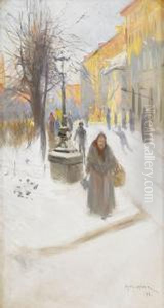 Artillerigatan I Vinterskrud - Motiv Fran Stockholm Oil Painting by Alf, Alfred Wallander