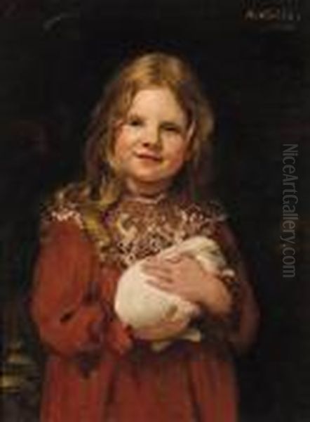 Portrait Of A Girl, Standing 
Half-length, Wearing A Brown Dress Andholding A Rabbit In Her Arms Oil Painting by William Walls