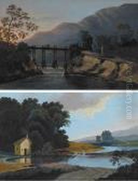 Travellers On A Wooden Bridge 
Across A Rivergorge And Cottage And Figures By A River Bend (a Pair) Oil Painting by Thomas Walmsley