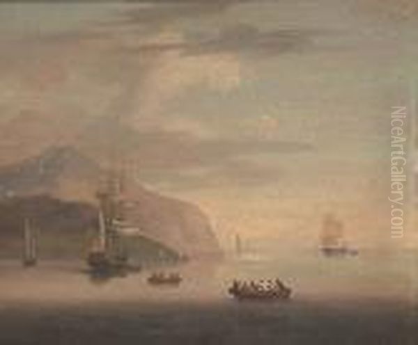 Shipping Off An Estuary; Herdsmen And Cattle On The Bank Of An Estuary Oil Painting by Thomas Walmsley