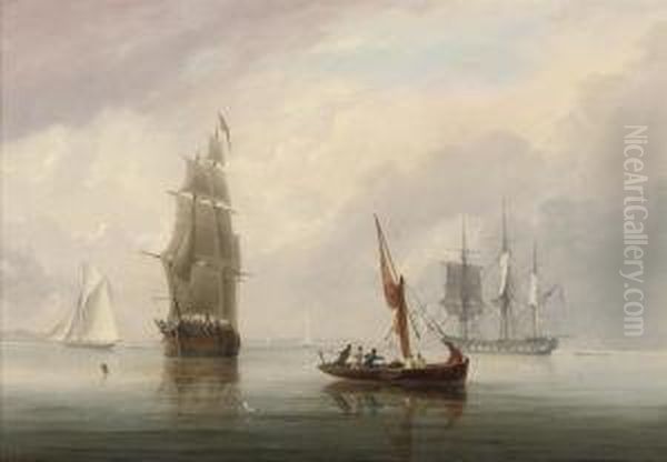 A Three-masted Merchantman In A 
Light Breeze Off Avonmouth, With Aroyal Navy Frigate Anchored And Drying
 Her Sails Offshore Oil Painting by Joseph Walter