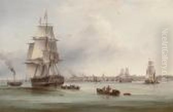 The Three-masted Merchantman 
Thames 
 Under Tow Off Gravesend Oil Painting by Samuel Walters