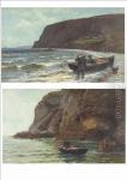 Fisherman In A Rowing Boat With 
Lobster Pots Beside A Rocky Coastline; Beach Scene With Two Fisherman 
Unloading The Catch, Cottages Beyond Both Signed, Oils On Canvas, Each 
41cm By 66.5cm See Illustration Oil Painting by Richard Wane