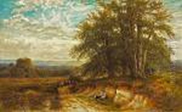 An Extensive Landscape With A 
Haywagon And Figures On The Road With Another Figure Resting In The 
Foreground Oil Painting by Edmund George Warren