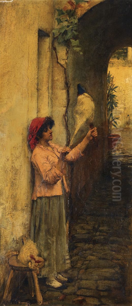 A Neapolitan Flax Spinner Oil Painting by John William Waterhouse