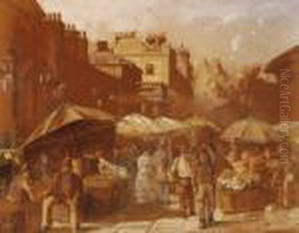 Busy Street Market In Covent Garden Oil Painting by Charles Watson