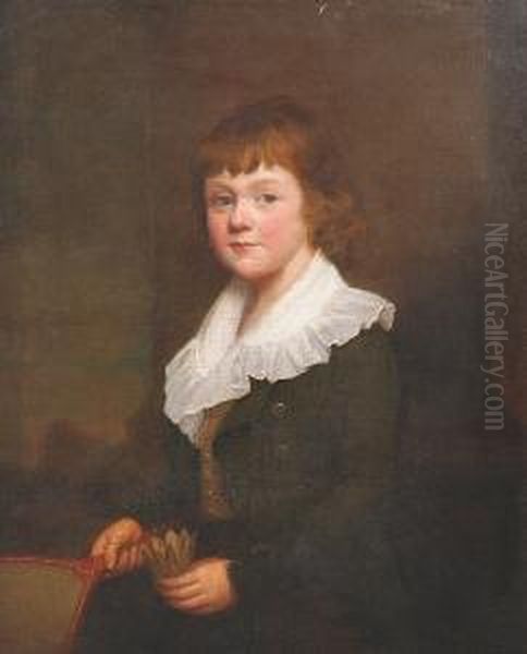 A Portrait Of George Edward 
Russell, As A Boy, Standing Three-quarter Length By A Column, Wearing A 
Green Jacket And A White Shirt, Holding A Battledore And Shuttlecock Oil Painting by George C. Watson