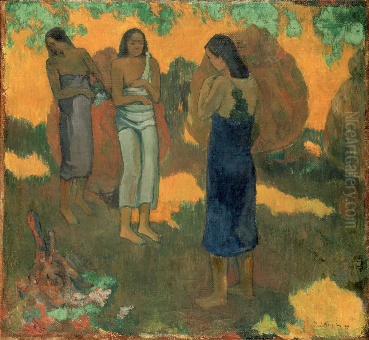 Three Tahitian Women Against A Yellow Background Oil Painting by Paul Gauguin