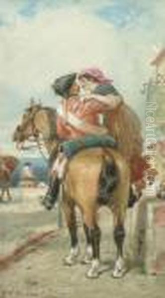 Rws -- A Departing Embrace; Watercolour, Signed With Initials And Dated 1884, 35x19cm Oil Painting by John Dawson Watson