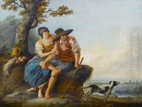 A Young Peasant Couple Resting 
Beneath A Tree With A Dog At Their Side, A View To A Landscape Beyond Oil Painting by Louis Joseph, Dit Watteau De Lille