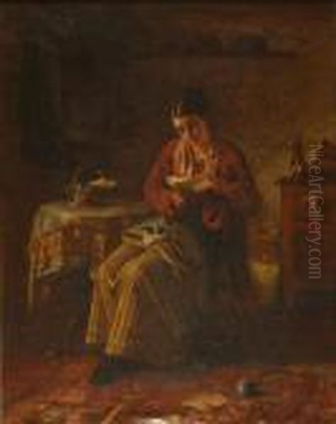 Young Woman Sitting, Reading A 
Letter, Her Knittingforgotten In Her Lap, In A Kitchen Interior Oil Painting by William Harris Weatherhead