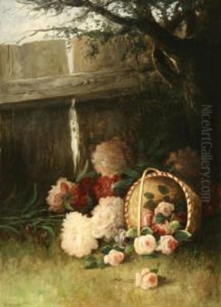 Fallen Basket Of Flowers In A Fenced Yard Oil Painting by Wesley Elbridge Webber