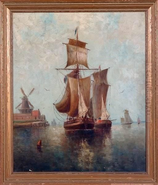 Seascape With Ships And Windmill Oil Painting by Wesley Elbridge Webber