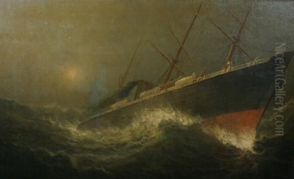 Freighter On Stormy Seas Oil Painting by Wesley Elbridge Webber