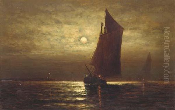 Fishing Boats Off The Coast At Night Oil Painting by Wesley Elbridge Webber