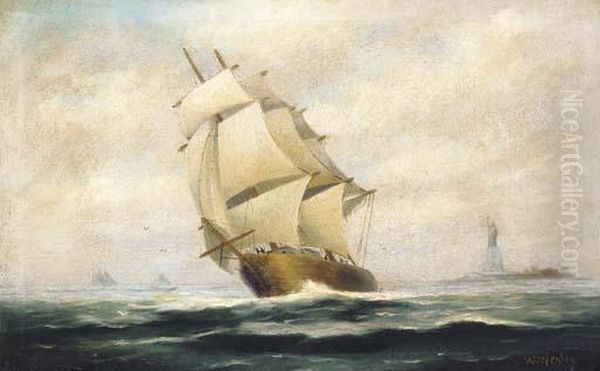 Ships In The New York Harbor With The Statue Of Liberty Beyond Oil Painting by Wesley Elbridge Webber