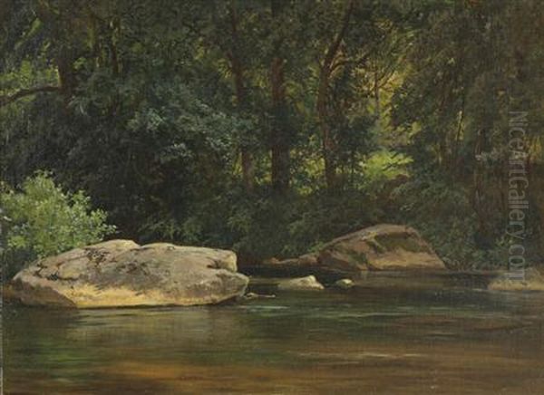 Fisherman's Rock Near Wawasett
Signed And Dated 
Carl Weber Oil Painting by Carl Weber