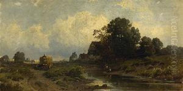 Bachlandschaft Mit
 Bauernhausern. Oil Painting by Carl Weber