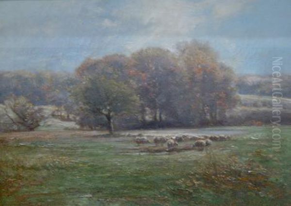 Sheep In A Landscape Oil Painting by Carl Weber