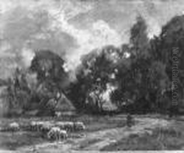 Landschaft Mit Einer Hutte Unter
 Baumen Und Schafen. Signiert Unten Rechts: Paul Weber. Ol Auf Leinwand.
 H 44; B 53 Cm. Oil Painting by Paul Weber