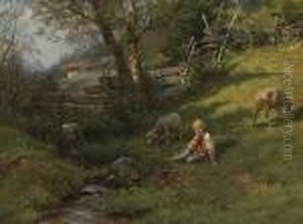 Huterbub Mit Schafen Am
 Bachlauf. Oil Painting by Paul Weber