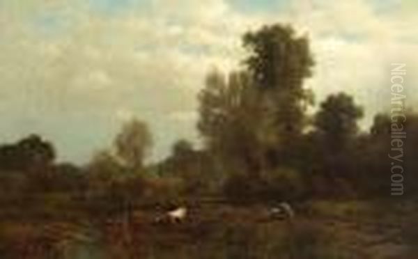 Bachlandschaft Mit Kuhen Und
 Schafen Am Wasser. Oil Painting by Paul Weber