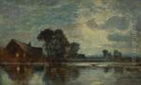 Bauernhauser Am Nachtlichen
 Seeufer. Oil Painting by Paul Weber