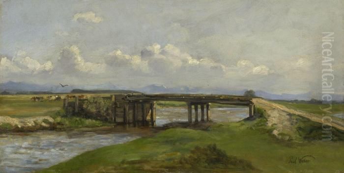 Voralpenlandschaft Mit Holzbrucke Oil Painting by Paul Weber