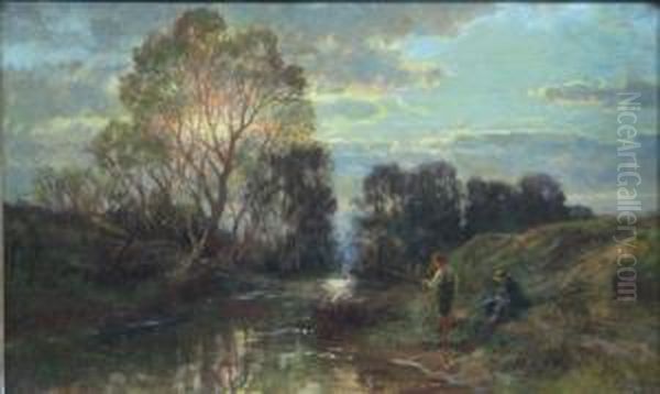 Junge Beim Angeln An Einemflus Oil Painting by Paul Weber