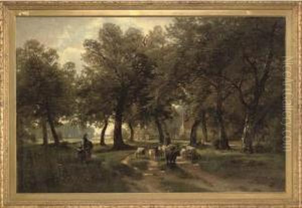 A Shepherd With Sheep On A Sunlit Country Track Oil Painting by Paul Weber