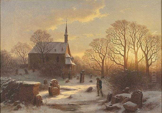 Winter Sunset Scene With Churchgraveyard And Gravedigger Oil Painting by Paul Weber