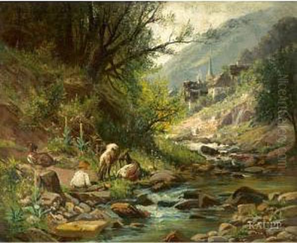 An Einem Bachlauf In Idyllischer
 Landschaftsitzender Hirtenjunge Mit Seiner Kleinen Ziegenherde Oil Painting by Philipp Weber