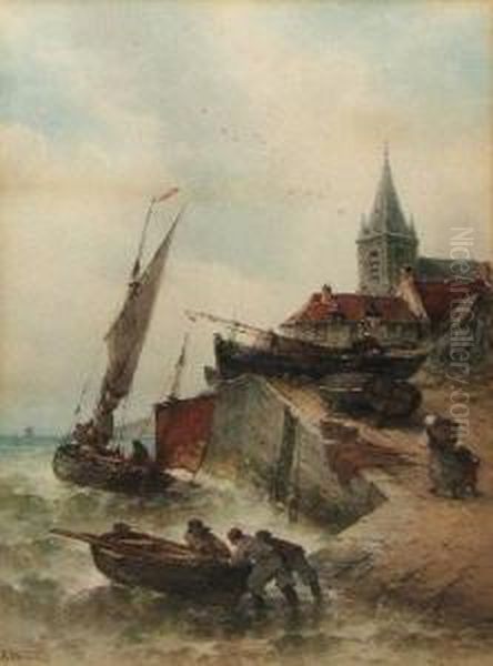 Coastal Landscapes With Fishing 
Boats Headed Out, Possibly At St. Michael's Mount, Cornwall Oil Painting by Theodor Alexander Weber