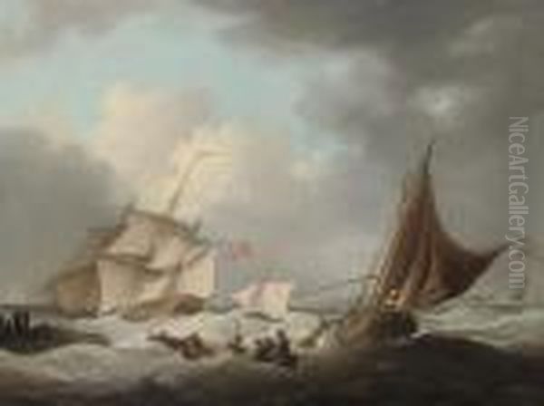 Choppy Waters Off The Dutch 
Coast, A Government Cutter Running Out To Meet An English Frigate Beyond Oil Painting by George Webster