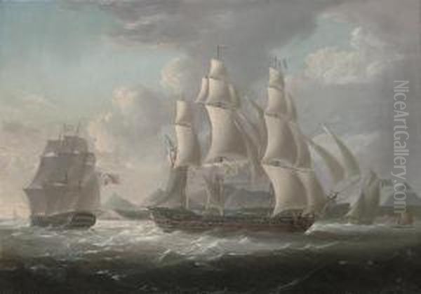 Royal Naval Frigates And An 
Armed Cutter Off A West Indian Island, Believed To Be Martinique, With A
 Native Raft Offshore Oil Painting by George Webster