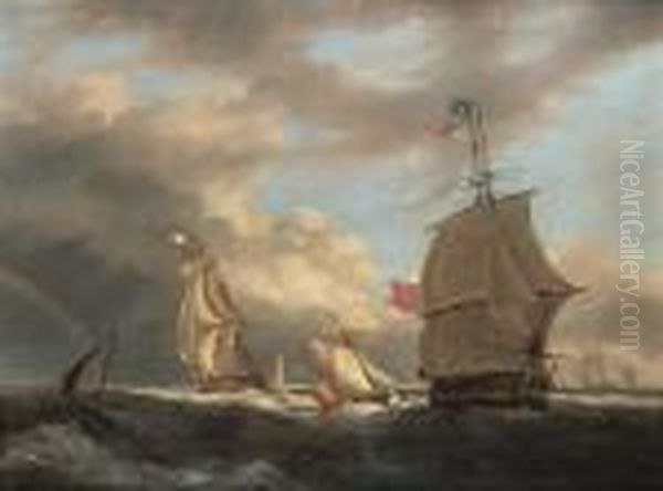 Warships And Other Vessels 
Heading Up The Channel, With The Eddystone Lighthouse Receding Astern Oil Painting by George Webster