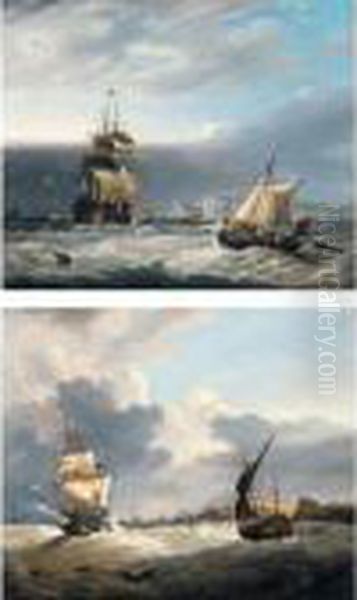 An English Two Decker And Other 
Shipping Off Porto Venere, Italy; And An English Two Decker Firing A 
Salute Off Dover Oil Painting by George Webster