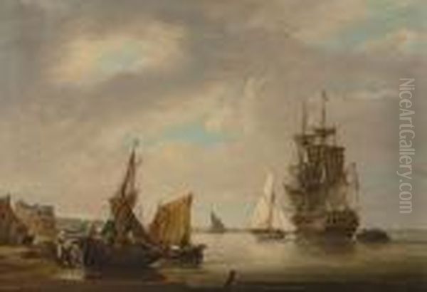 A Frigate Taking On Troops As 
She Prepares To Sail From Her Anchorage Just Outside The Entrance To 
Portsmouth Harbour Oil Painting by George Webster