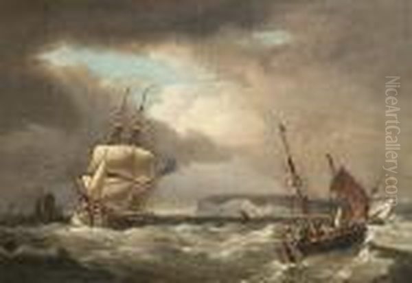 A Royal Navy Brig Heading Up The
 Channel Into A Squall As Smaller Craft Run Inshore For Shelter Oil Painting by George Webster