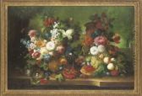 Hollyhocks, Roses And Other 
Flowers In A Vase, With Butterflies, A Birds Nest And A Pumpkin On A 
Stone Ledge, A Landscape Beyond Oil Painting by Thomas Webster