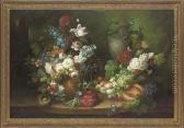 Peonies, Roses And Other Flowers
 In A Vase, With Butterflies And A Birds Nest, On A Stone Ledge, A 
Landscape Beyond Oil Painting by Thomas Webster