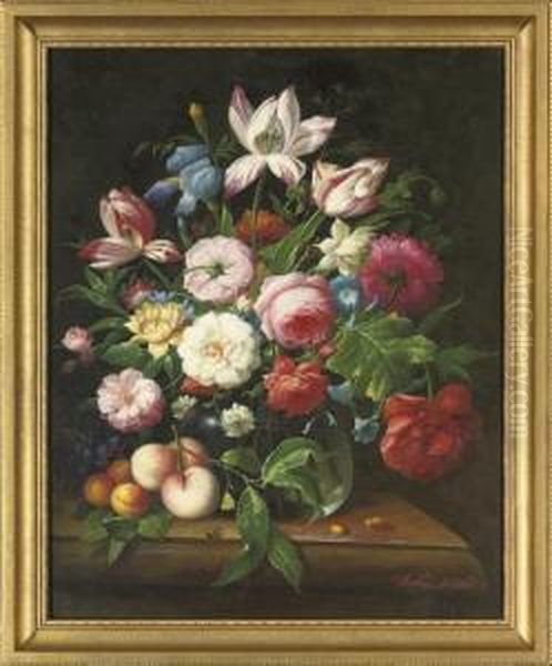 Roses, Camellia, Iris, Parrot 
Tulips And Morning Glory In A Glass Vase, With Peaches, Apricots And 
Grapes To The Side, On A Stone Ledge; And Camellias, Roses, Lilac, 
Narcissus And Parrot Tulips In A Glass Vase, With Grapes And Plums To 
The Side, O Oil Painting by Thomas Webster
