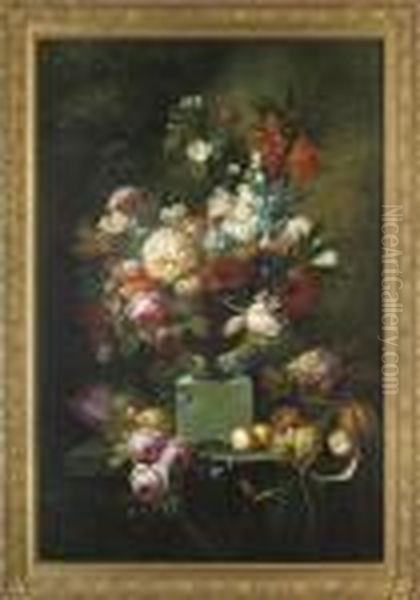 Parrot Tulips, Chrysanthemums, 
Roses, Corn Flowers, Lilies And Narcissus In An Urn, With Fruit In 
Wicker Baskets And On A Platter To The Side, On A Stone Ledge Oil Painting by Thomas Webster