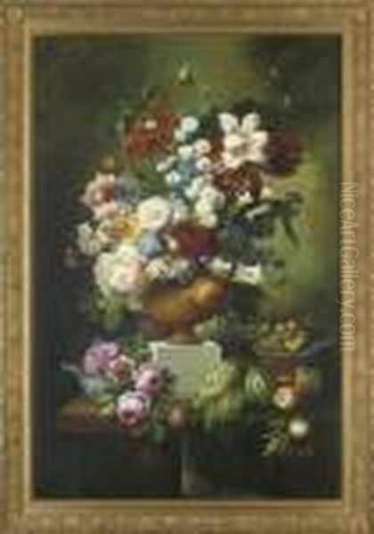 Parrot Tulips, Narcissus, 
Peonies, Chrysanthemums, Carnations, Lilies And Roses In An Urn With 
Fruit To The Side, On A Stone Ledge Oil Painting by Thomas Webster