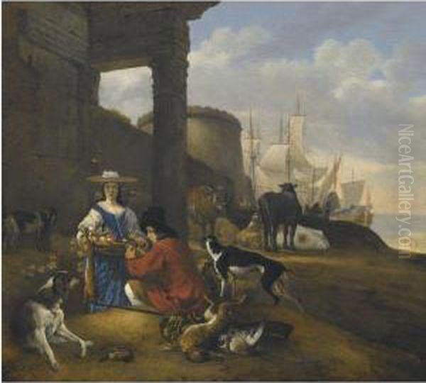 An Italianate Coastal Landscape 
With A Woman Selling Fruit Andgame Before A Walled Town, Ships At Anchor
 Beyond Oil Painting by Jan Baptist Weenix